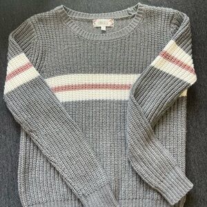 Pink Rose Gray Crew Neck Sweater with Stripes